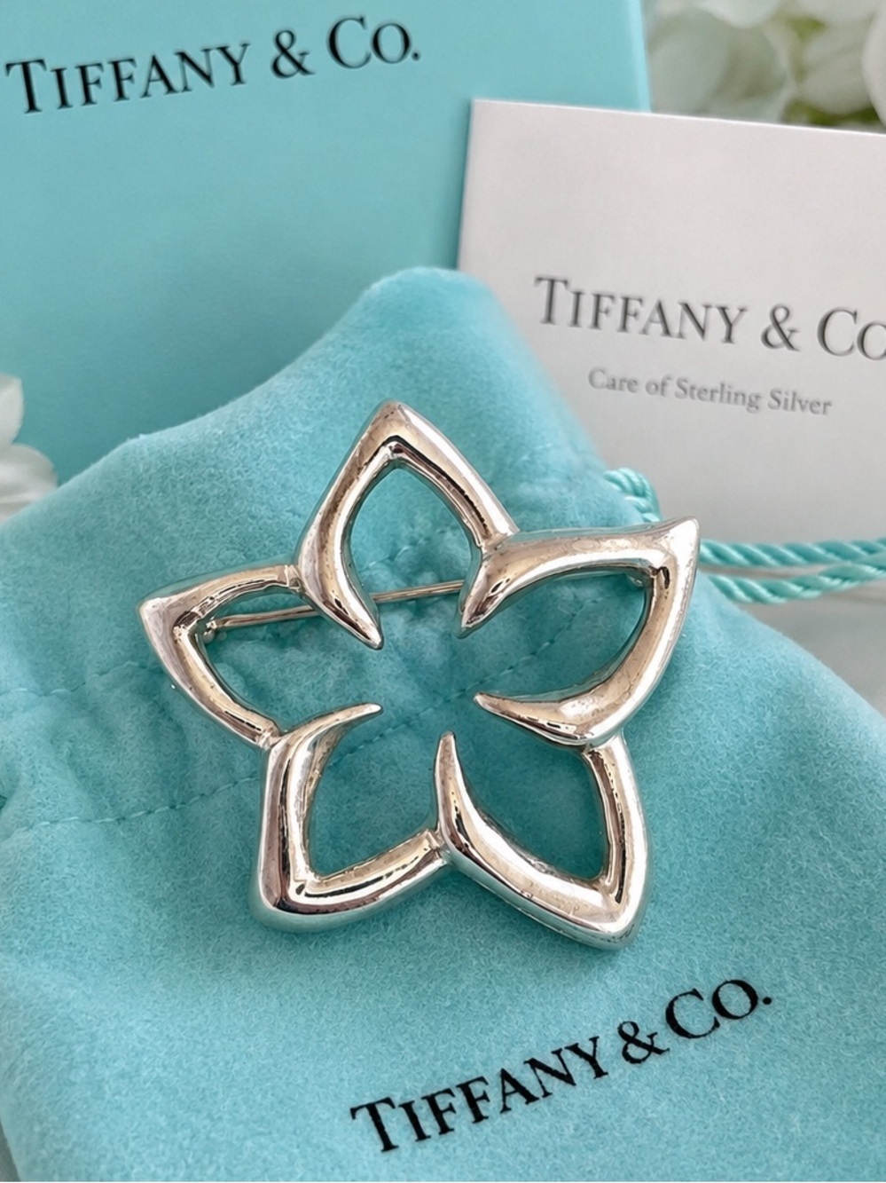 Vintage Tiffany & Co. Star Plumeria Open Flower Brooch Pin Sterling Silver 1.75”